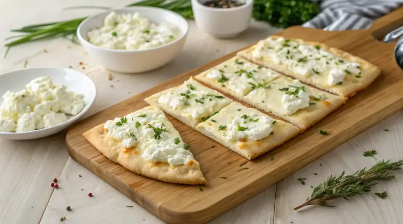 Freshly made cottage cheese flatbread topped with herbs, served on a wooden board with a side of dipping sauce.