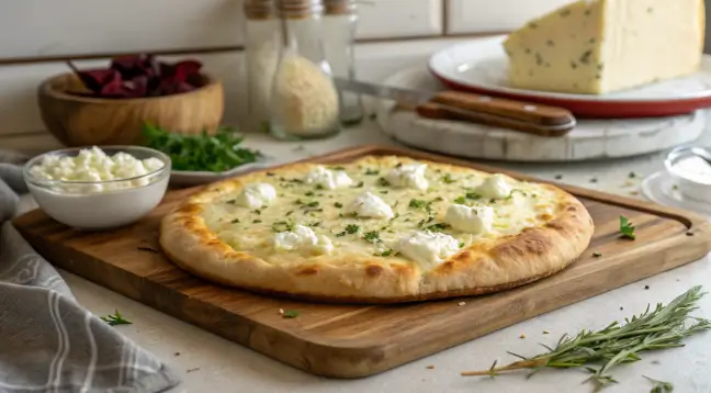 Golden-brown cottage cheese flatbread fresh out of the oven, topped with herbs and served on a wooden board.