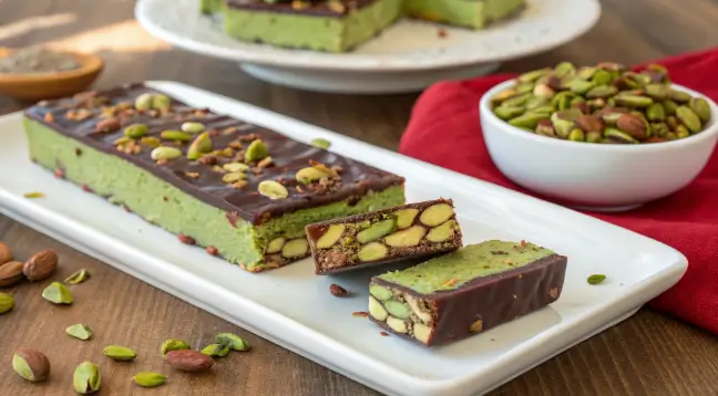 Luxurious Dubai pistachio chocolate bars topped with roasted pistachios and gold flakes, displayed elegantly on a marble tray.