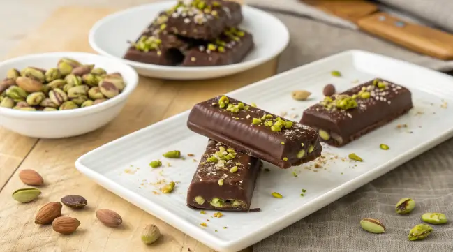 A close-up of luxurious Dubai pistachio chocolate bars, featuring smooth chocolate and vibrant green roasted pistachios.