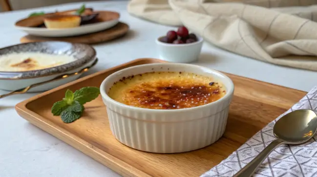 A perfectly caramelized crème brûlée with a golden, crispy sugar topping and a creamy custard base, served in a ramekin.