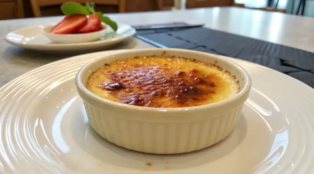 A creamy crème brûlée with a golden caramelized sugar crust, served in a ramekin, showcasing its rich and velvety texture.