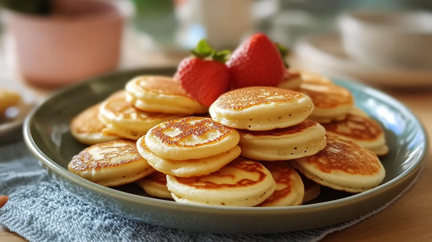 Freshly cooked pancakes stacked inside a crockpot to keep them warm after cooking, with syrup and butter on the side.