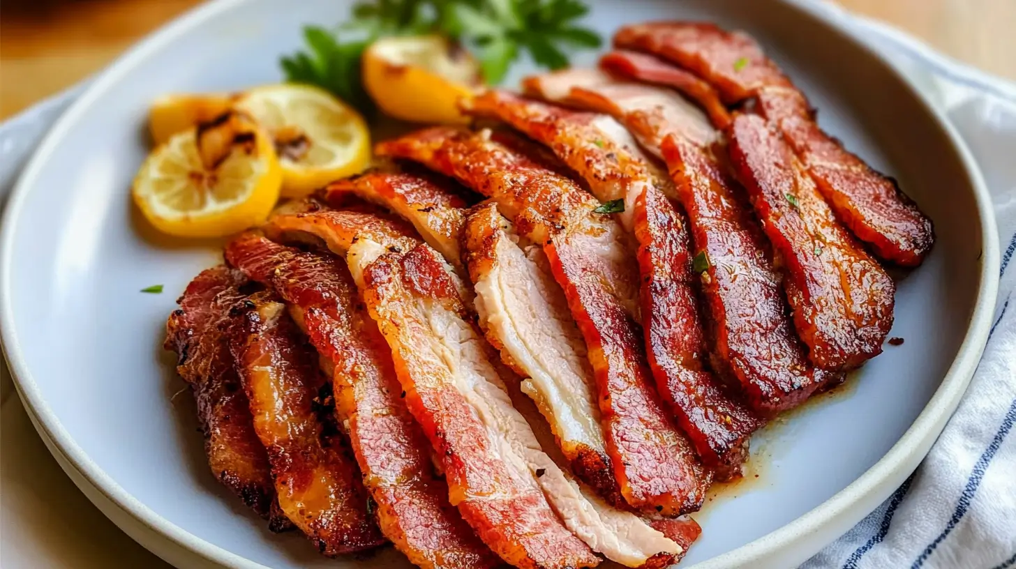 Perfectly cooked turkey bacon strips on a wooden cutting board with a garnish of fresh parsley.