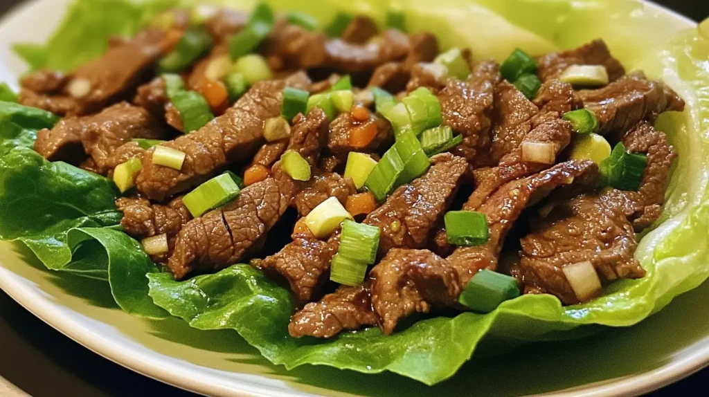 Fresh beef lettuce wraps filled with seasoned ground beef, diced vegetables, and a drizzle of sauce, served on a white plate.