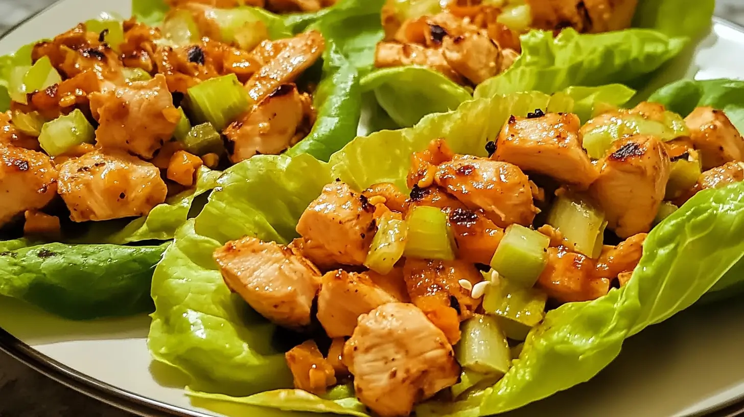 Asian chicken lettuce wraps filled with savory minced chicken, water chestnuts, and green onions, served with a side of dipping sauce.