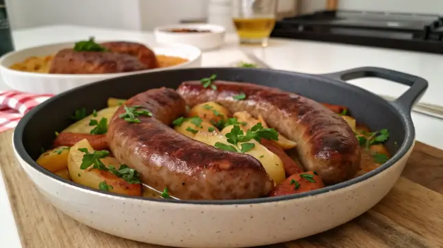 Juicy beef sausage links grilled to perfection, with a golden-brown crust and smoky flavor, served on a rustic wooden platter.