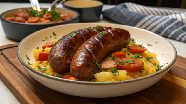 Grilled beef sausages with a golden-brown crust, served on a wooden platter with fresh herbs and mustard on the side.