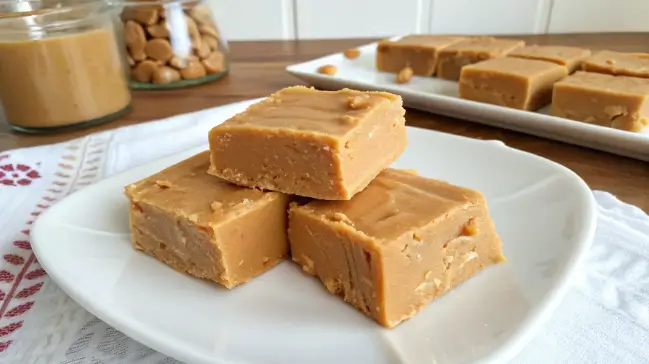 Squares of creamy 3-ingredient peanut butter fudge stacked on a wooden board, garnished with crushed peanuts.