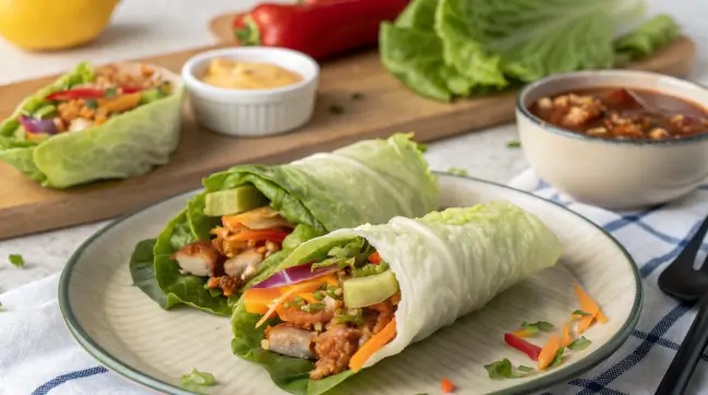 Delicious lettuce wraps filled with grilled chicken, fresh vegetables, and a light drizzle of sauce, served on a white plate.