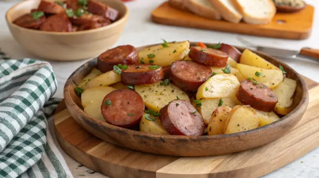 Perfectly grilled kielbasa sausages served on a wooden platter with mustard, sauerkraut, and fresh parsley on the side.