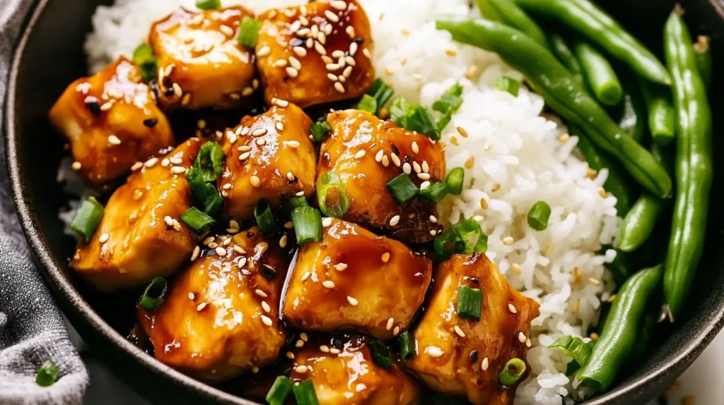 Crispy and juicy air fryer teriyaki chicken topped with sesame seeds and green onions, served with rice and steamed vegetables.