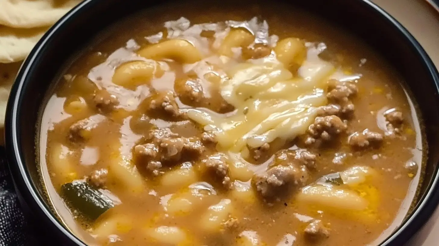 A bowl of creamy cheeseburger soup topped with shredded cheese and crispy bacon, served with a spoon on a rustic wooden table.