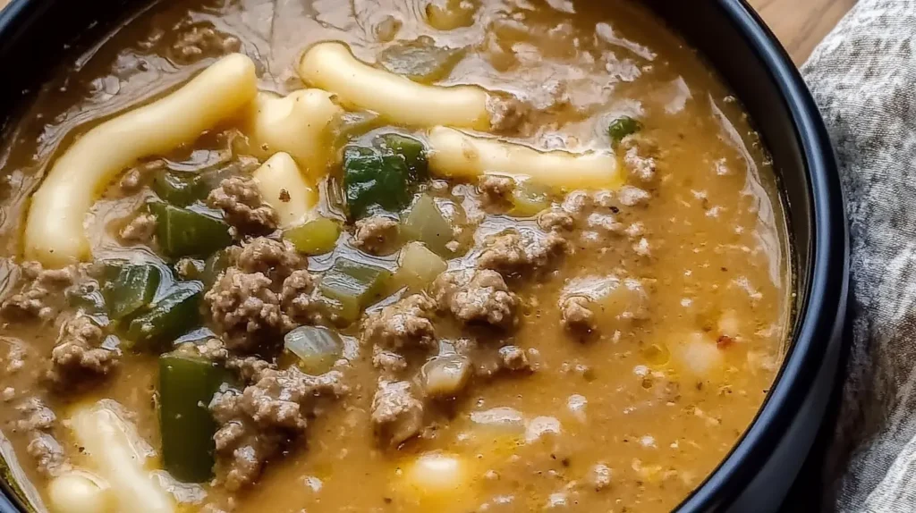 A bowl of creamy Big Mac Soup with ground beef, melted cheese, pickles, and a drizzle of special sauce, garnished with sesame seeds and shredded lettuce.