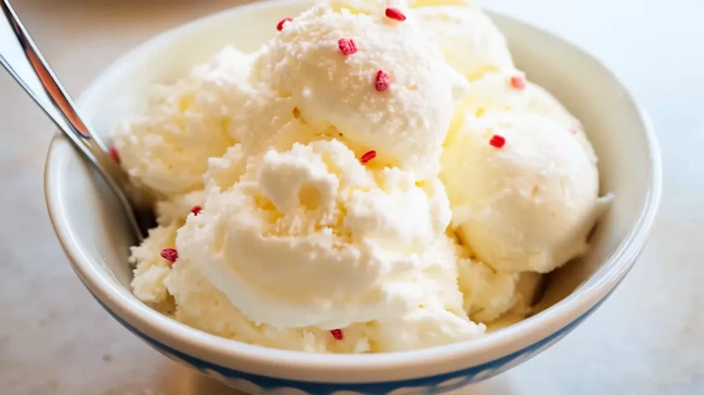 Homemade snow cream recipe – a creamy winter dessert made with fresh snow, milk, sugar, and vanilla, topped with colorful sprinkles.