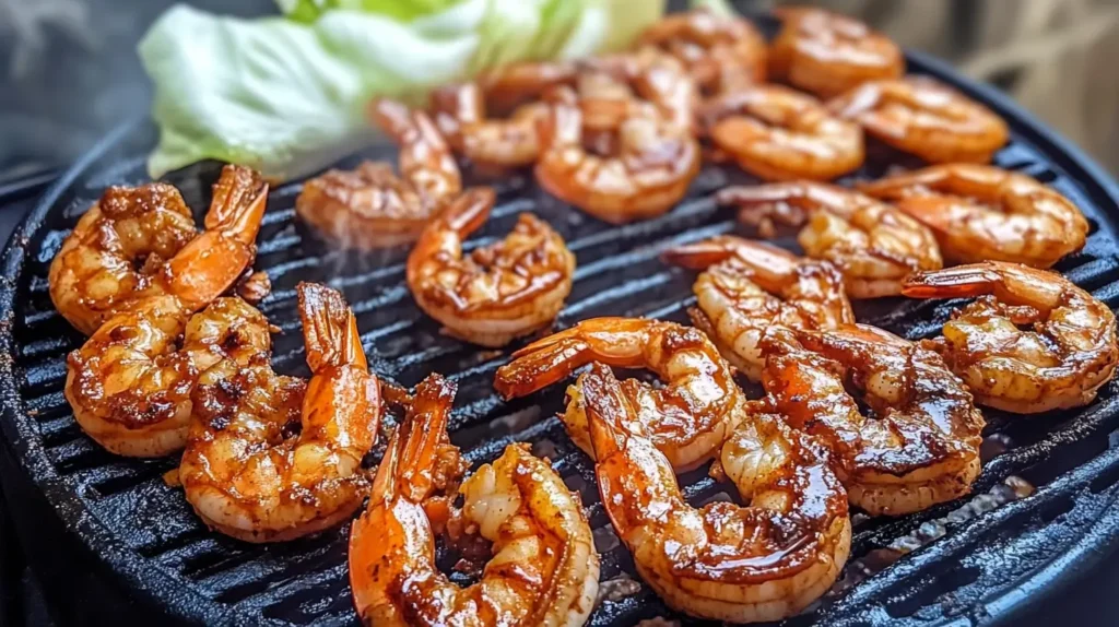 Frozen shrimp sizzling on a barbecue grill, with char marks and a light seasoning, surrounded by fresh lemon slices.