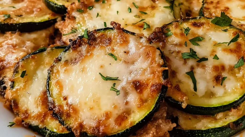 Golden-brown air fryer zucchini parmesan slices topped with melted cheese and herbs, served on a white plate with a side of marinara sauce.