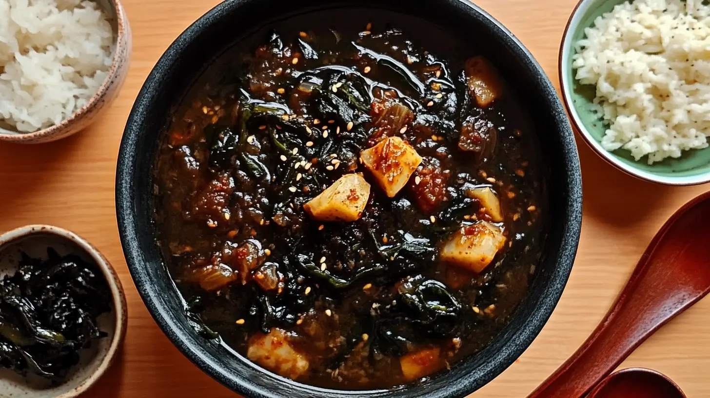 A bowl of Miyeokguk (Korean seaweed soup) with tender beef, rich broth, and fresh seaweed, served in a traditional Korean ceramic bowl.