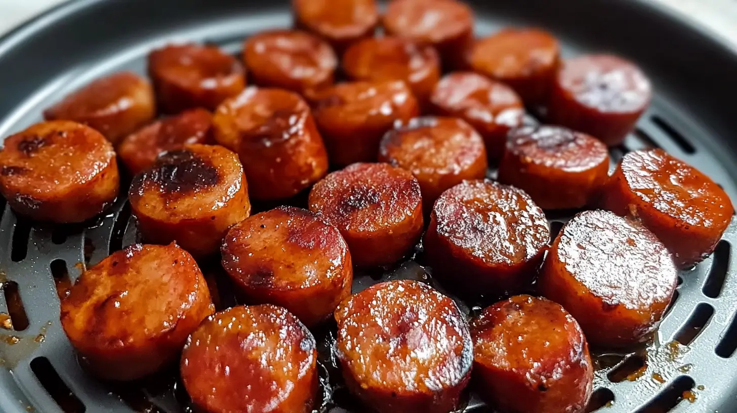 Sliced kielbasa cooked in an air fryer, served on a plate with roasted vegetables and mustard dipping sauce.