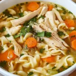 Steaming chicken noodle soup with parsley and bread