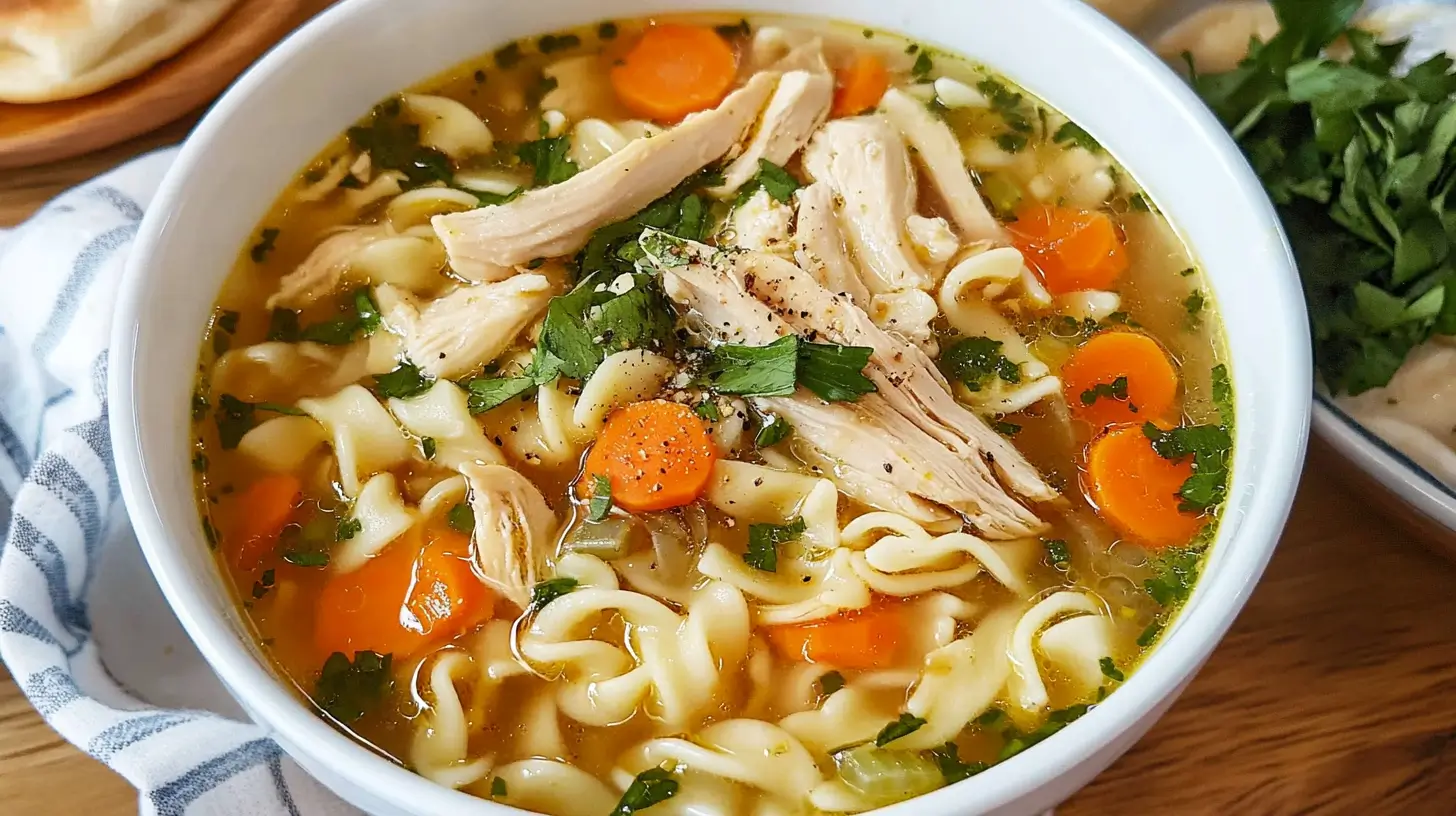 Steaming chicken noodle soup with parsley and bread