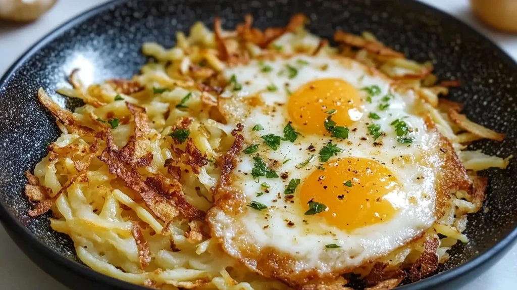 Hash browns cooked in an air fryer, served on a plate with a side of eggs and bacon.