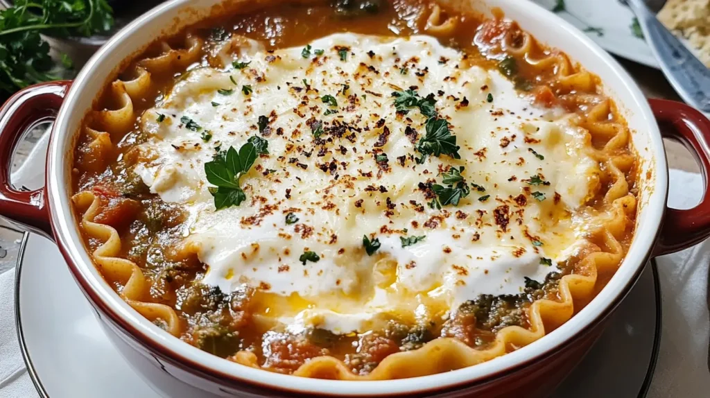 A bowl of vegetarian lasagna soup with rich tomato broth, pasta, and a dollop of ricotta cheese, garnished with fresh basil.