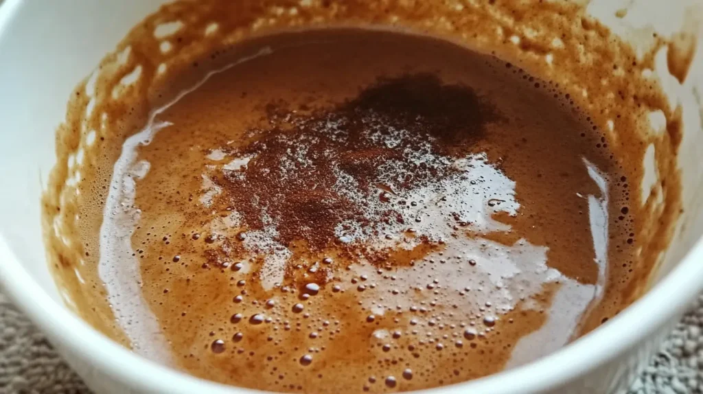 A steaming cup of homemade Mud Water with a frothy top, served in a ceramic mug with cinnamon sticks and cacao powder on the side.