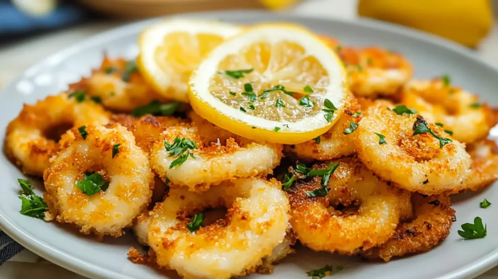 A golden-brown calamari steak served on a white plate, garnished with fresh parsley and lemon wedges, with a side of dipping sauce.