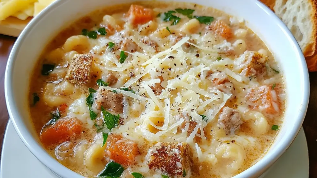 A bowl of hot soup with melted Parmesan cheese and a Parmesan rind, adding a rich, creamy texture and savory flavor.