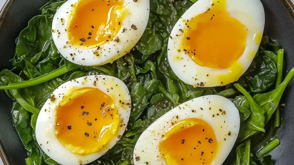 A plate of sautéed spinach topped with sliced boiled eggs, garnished with black pepper and red pepper flakes, served on a white dish.