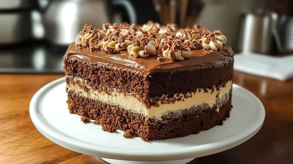 A slice of German Chocolate Cake with moist chocolate layers and creamy coconut-pecan frosting, served on a plate with a fork.