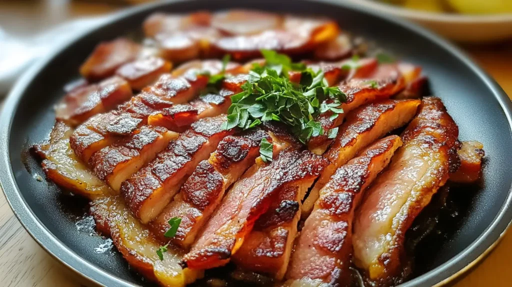 Strips of sizzling bacon cooking in a black frying pan, with crispy edges and a golden-brown texture.