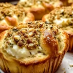 Moist pistachio muffins topped with glaze and crushed nuts.