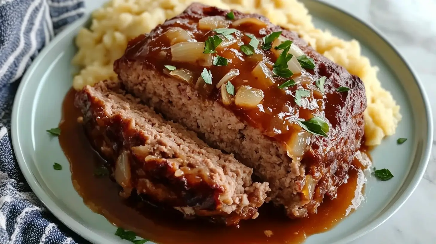 Lipton Onion Soup Meatloaf on a white plate, sliced to reveal its juicy, flavorful interior. Served with mashed potatoes and green beans for a classic comfort food meal.